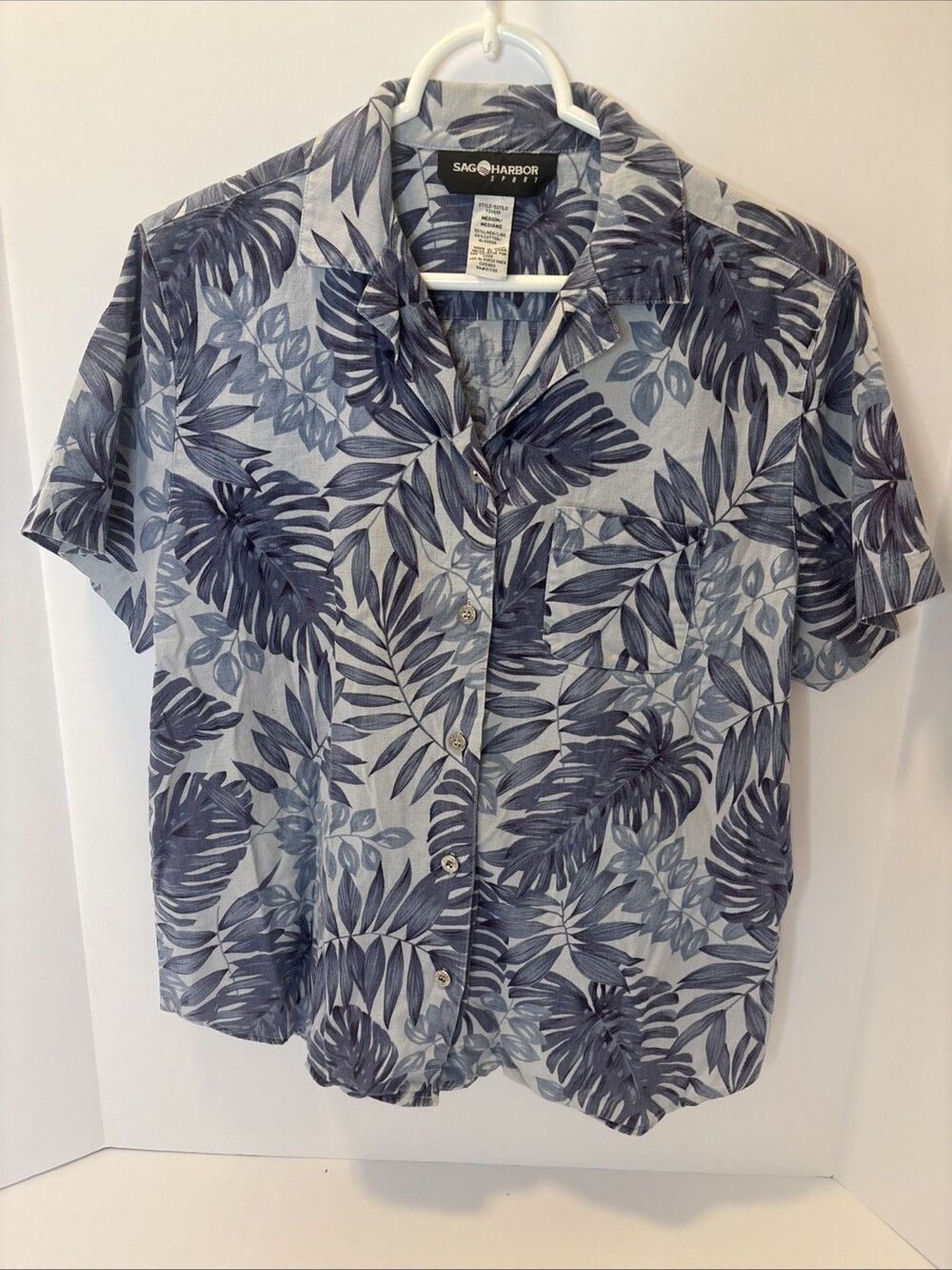 Sag Harbor Sport Hawaiian Women’s Button Up Shirt SZ M Blue Short Sleeve